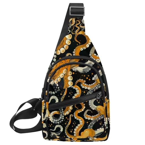 Mochila cruzada de pulpo amarillo vintage para running y viajes con correa ajustable
