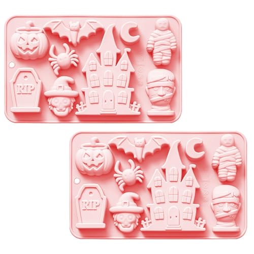 2PCS Halloween Chocolate Molds, Silicone 3D Halloween Theme Cake Baking Molds with Hanging Hole for Muffin Soap Candle Ice Cube