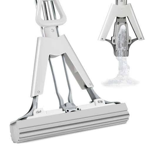 Wusudur Sponge Mop for Kitchen Bathroom Garage Floor Cleaning Telescope Handle Automatic Wringing Suitable for Tile Marble Wood Floors with 1 Extra Sponge Head