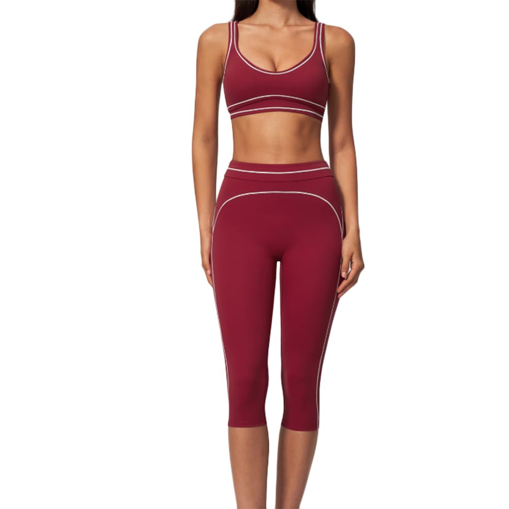 Conjunto de yoga mujer sujetador deportivo y mallas cortas | Conjunto 2 piezas: sujetador deportivo escote V con ribetes en contraste y mallas yoga capri de talle alto, elástico