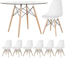 Loft7, Mesa redonda Eames com tampo de vidro 120 cm + 6 cadeiras Eiffel DSW Branco