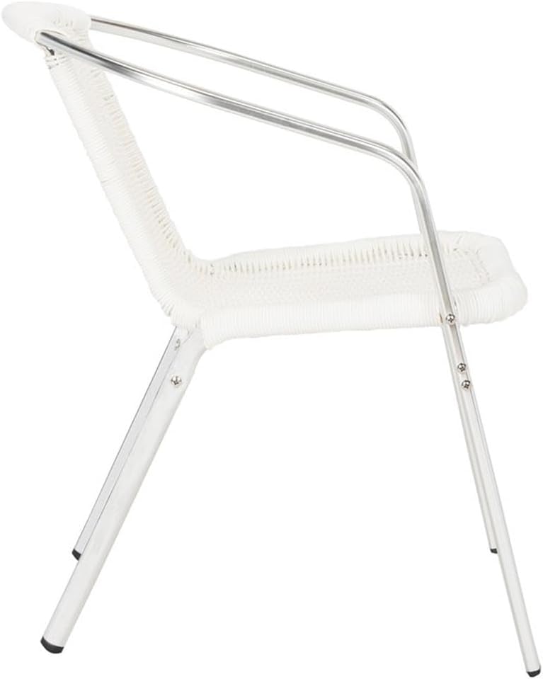 Pemberly Row Rattan Indoor/Outdoor Stackable Arm Chairs, 28 in H x 22 in W, White Powder-Coated Finish, Wicker and Aluminum, Set of 2, Modern Fan-Back Design for Patio or Dining Room