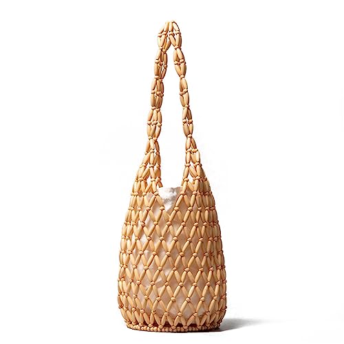 RomanticDesign Women Retro Wooden Handbag Woven Bead Tote Bag Hollow Out Beach Casual Bucket Purse, Beige