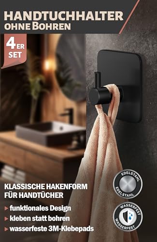 4smile Handtuchhalter ohne Bohren, 4 Stück in Schwarz - Wasserfeste Badezimmer Handtuchhalter, Edelstahl Haken, Klebehaken für Bad, Küche - Extra-starke Haken selbstklebend, Handtuchhaken