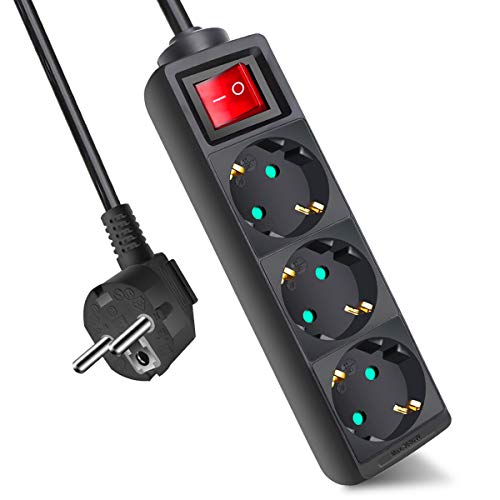 Regletas Enchufes 3 Metros EXTRASTAR Regleta alargador de 3 Metros con 3 enchufes e Interruptor (Negro)