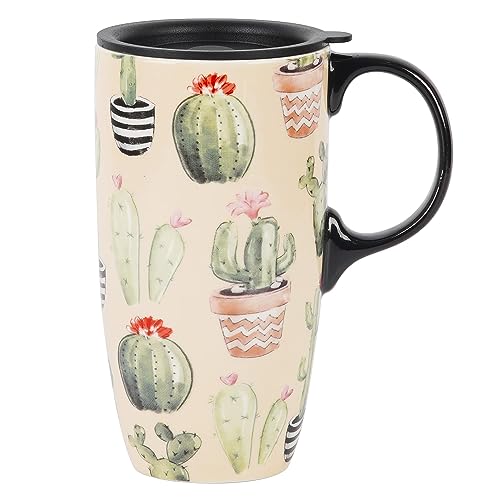 DUSVALLY Ceramic Mug Large Coffee Mug Tall Cups Porcelain Latte Coffee Cup with Lid 17oz,Cactus