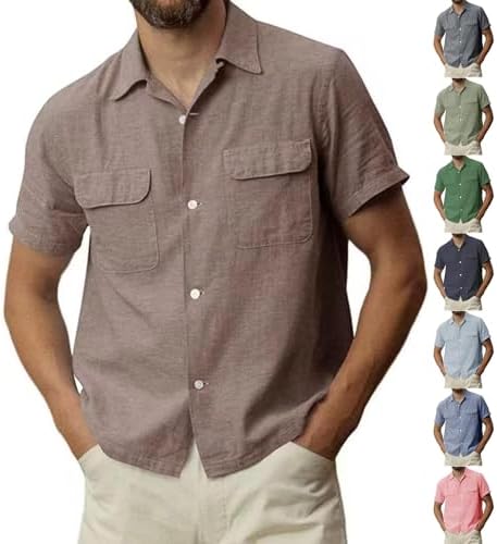 Button Down Shirt Men Short Sleeve Casual Lightweight Linen Tops with Pockets Loose Fit Collared Plain Summer Shirts