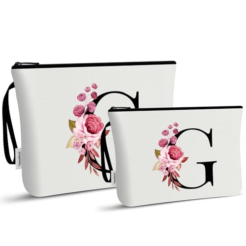 Image of Vavabox A-Z Personalized Makeup Bag, Birthday Gifts for Women Mom, Gifts for Best Friend, Bride Bridesmaid Cosmetic bag (G, 03-White Set)