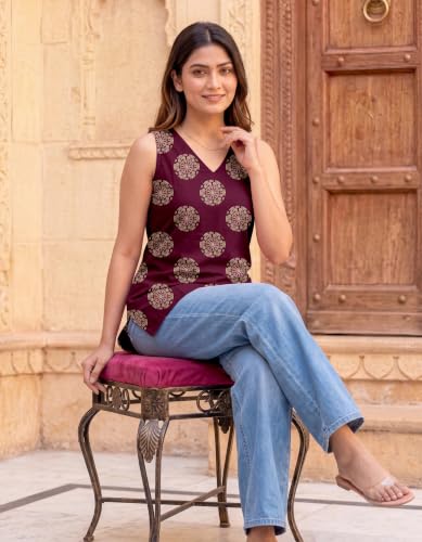 Image of Women's Printed Sleeveless Cotton Kurti Top with V-Neck, Straight Fit Casual Ethnic Tunic for Office, Daily & Casual Wear