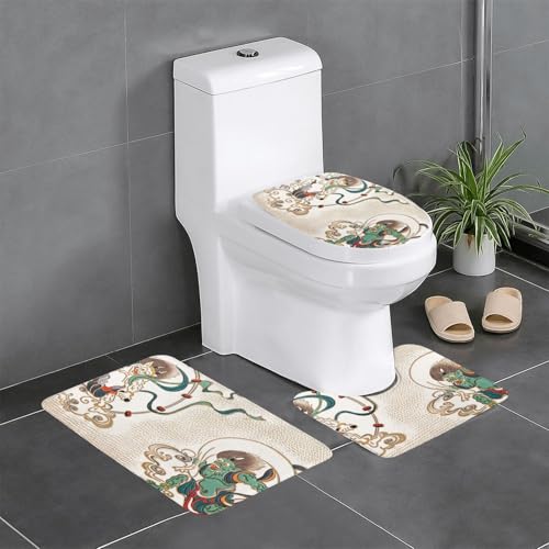 風神 雷神 浮世絵 和風 トイレマット 3点セット フタカバー 浴室足ふきマット 吸水 速乾 滑り止め 抗菌 防臭 洗える ふわふわ プレゼント 40x60cm