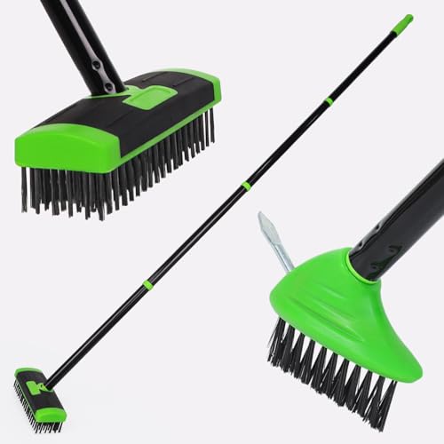 Crack Weeder Brush Long Handle 3-in-1 Wire Floor Scrubber Brush Crack Weeder Tool - Manual Crevice Weeding Tool with Scraper  Weed & Moss Remover for Driveway Patio Garage Deck Pool and Sidewalk