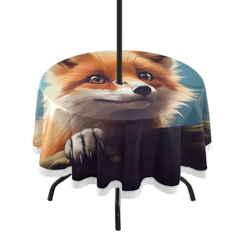 Wajiw 60 Inch Indoor Outdoor Round Tablecloth with Umbrella Hole and Zipper Waterproof Patio Table Cover for Camping Dining Room Party Outdoor Picnic,Fox