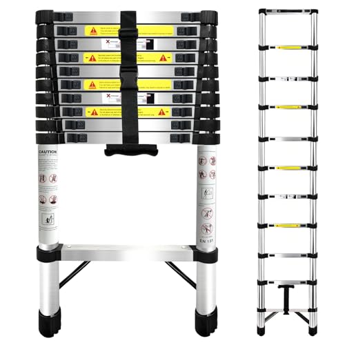 Telescopic Ladder, 3.2M Stainless Steel Loft Ladder, Portable Extendable Multi-Purpose Ladder with Non-Slip Feet Safety Lock, Max Load 150kg/330lb for Roof Outdoor Decorating