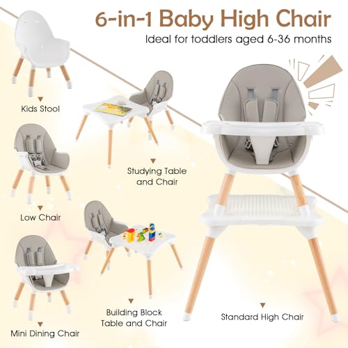 Image of GLACER High Chair, 6-in-1 Convertible Wooden High Chairs for Babies and Toddlers w /Building Block Table, 5-Point Safety Harness, Removable Tray, PU Cushioned Baby High Chair for 6-36 Months (Grey)