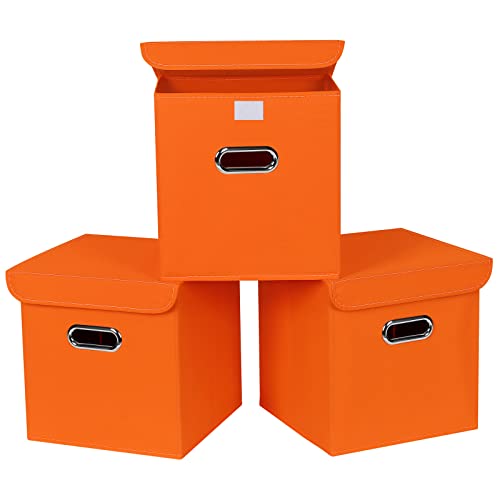 SEVENDOME Lot de 3 bacs de rangement en tissu avec couvercles pliables en forme de cube avec poignées, boîtes de rangement pour vêtements, bureau, jouets,...