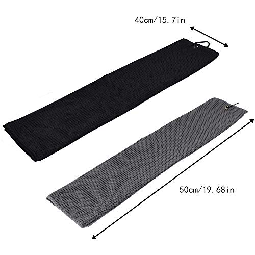 Mirrwin-Toalla-de-Golf-Toalla-de-Golf-de-Microfibra-Plegable-con-Anillo-de-Fijacion-Adecuado-para-Bicicleta-de-Carretera-Golf-Yoga-Deportes-de-Fitness-al-Aire-Libre-2-Piezas-NegroGris