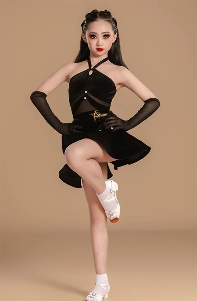 Abito da Ballo Latino Senza Maniche per Bambine Gonna da Competizione in Velluto per Balli da Sala Salsa Cha-Cha Tango Abbigliamento per Allenamento E Spettacolo(150Cm)