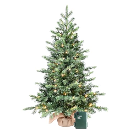 Liguanow 3ft Pre-lit Mini Christmas Tree Artificial Nordic Spruce Small Table Top Christmas Tree with 70 LED Lights 315 PE & PVC Mixed Branches Tips Burlap Wrapped Base Xmas Tree for Home Office Decor