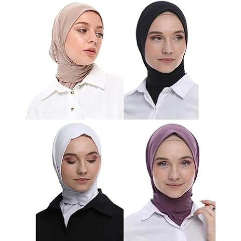 Bundle of Marwa Fashion Muslim Hijab for Women - (Light Beige, Black, White & Dark Purple) Premium Quality hijab scarf for women made up of 100% Stretchable Polyester, Instant hijab Cover