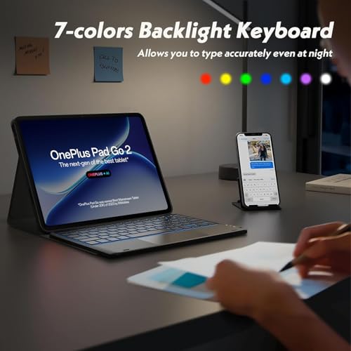 Image of HOM Tri-Fold 7-Colour Backlight Detachable Wireless Bluetooth Keyboard with Trackpad /Touchpad Tablet Cover Case for OnePlus Pad Go 2 Tablet 12.1-inch