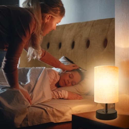 Image of DEGNJU Small Bedside Lamp, Mini Minimalist Table Lamp with Round Flaxen Fabric Shade, 9 Inch Desk Reading Lamp for Bedroom, Living Room, Office, 1 Pack