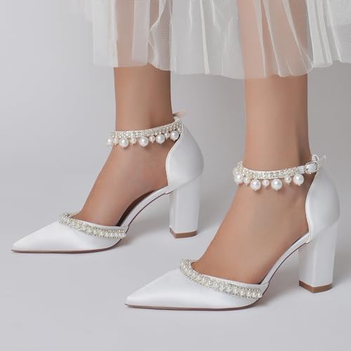 MRKEWUNEY Elegant Wedding Shoes for Bride Block Heel Closed Pointed Toe Pumps2