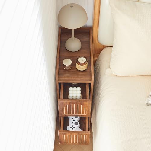 Image of Narrow Nightstand Set of 2, Wooden Small 2 Drawer Nightstand, Slim Side End Table, Skinny Bedside Table, Mid Century Modern Night Stand with Drawers for Bedroom (Deep Walnut-2 pcs)