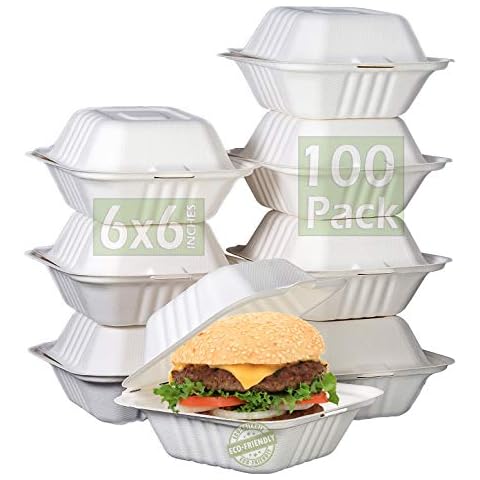 Green Earth 6-Inch, 100-Count, Compostable Clamshell, Natural Bagasse (Sugarcane Fiber), Take-Out/to-Go Food Boxes - Biodegradable Containers, Hinged Lid Microwave-Safe Gluten-Free Eco-Friendly Cover