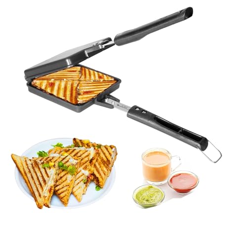 Image of Double Sided Sandwich Grill Pan | Non-Stick Toast Maker Aluminium Stovetop Toaster Gas Stove Flip for Bread Snacks Heat Resistant Handle Black (Jumbo- 4cut Toaster)