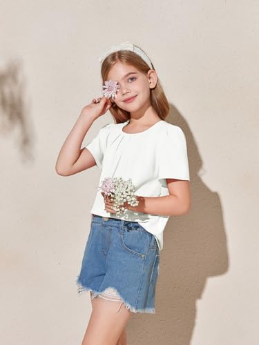 Image of Girls Shirts Summer Short Sleeve Cute Tops Chiffon Pleated Blouses 5-14 Years