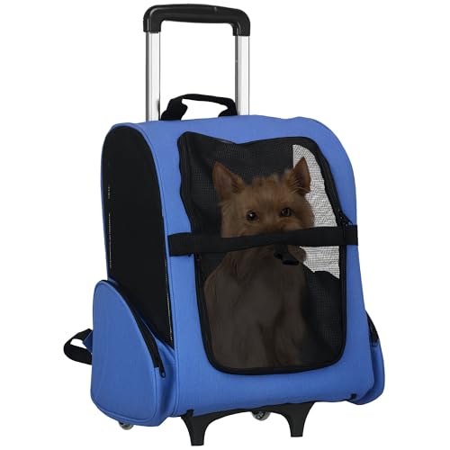 PawHut Transporttasche mit Rollen für Hunde, 2 in 1, Trolley, Rucksack für Hunde und Katzen, mit Teleskopgriff, Aufbewahrungstaschen, Belüftungen, Sicherheitsbefestigung, 42 x 25 x 55 cm, Bl