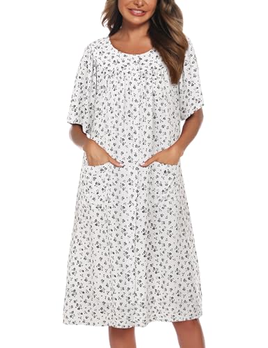 Image of COSUNIONY House Dresses for Women Cotton Short Sleeve House Coat Buttons Down Dusters Robe with Pockets S-XXL