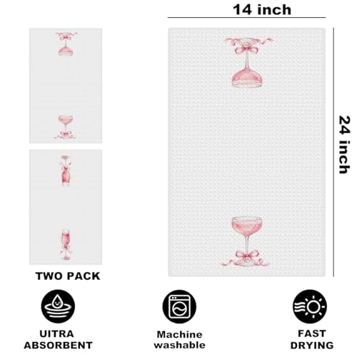 Image of 2 Pcs Pink Bow Champagne Kitchen Towels, Coquette Pink Reusable Dish Towels | Waffle Weave Hand Cloth Tea Towel for Kitchen Bathroom Home Decor, Alcohol Lover Gifts for Women Mom Friend 24x14 Inch