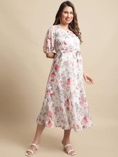 Preneum Women's Maxi Fit & Flare Latest Style Print Georgette Regular Sleeves Casual Summer Maxi Dress || Festival & Occasion, Bright White, Xl