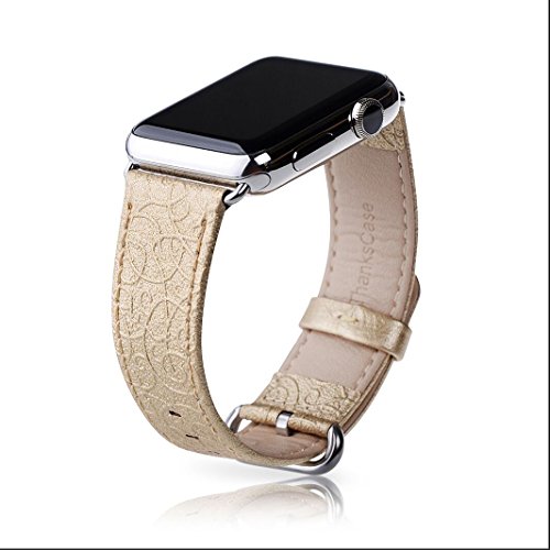 Thankscase Band for Apple Watch 40mm 38mm, Leather Replacement Wristband Metal Clasp for Apple Watch 40mm SE/Series 4/5/6 and Apple Watch 38mm Series 3/2/1 (Gold)