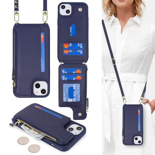 Cavor for iPhone 15 Plus Case with Card Holder,iPhone 15 Plus Wallet Case for Women,Phone Case iPhone 15 Plus Case with Strap,Crossbody Lanyard and Wristlet,Leather Zipper Pocket Case-Blue
