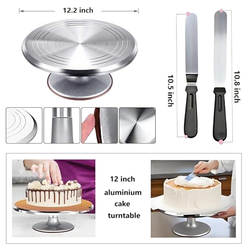198 Pcs Cake Decorating Kit,Baking Supplies Tools with Aluminium Cake Turntable, Leveler,24 Numbered Icing Tips,2 Spatulas,3 Scrapers,8 Carved Pens,50 Pastry Bags,50 Cupcake Liners & More