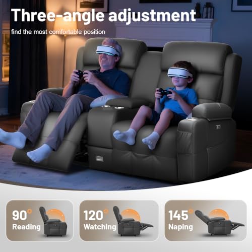 Image of Loveseat Recliner Sofa, Home Theater Seating with Massage, Reclining Loveseats with Console, Wall Hugger RV Couch Movie Theater Chairs, RV Furniture Sofas with USB, Cup Holders, Drawer for Gaming Room