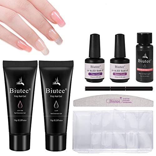 Biutee Poly Nail Gel Kit 15ml Pink Clear Colors Poly Builder Gel with 30ml Slip Solution Nail Enhancement Poly Gel Nail Kit All in One French Kit