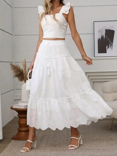 Women's Casual Skirts Summer 2025 Lace Embroidery Eyelet Elastic Waist Flowy Tiered A-Line Beach Maxi Boho Skirt3