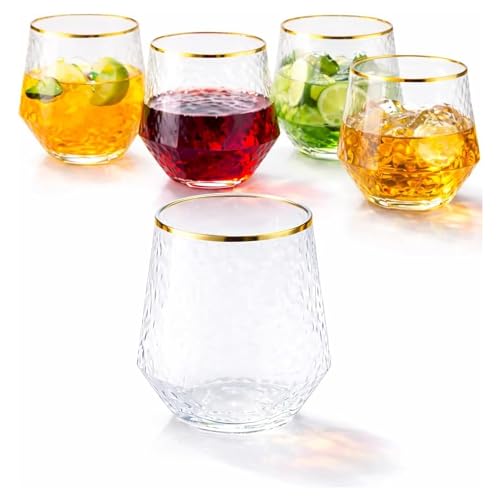 Oojami 40 count Diamond 12 Ounce Cups Unbreakable Stemless Plastic Wine Champagne Whiskey Glasses Elegant Durable Disposable Indoor Outdoor Ideal for Home, Office, Bars, Wedding, (Hammered Gold Rim)