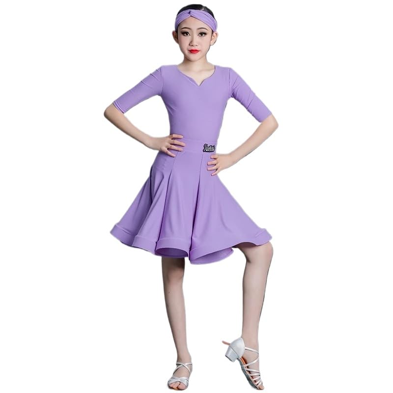 HEARTTOUCH Girls Latin Dress Rumba Samba Ballroom Dresses Leotard Dance Skirt Professional Performance Tango Salsa Dancewear (A Purple,Medium)
