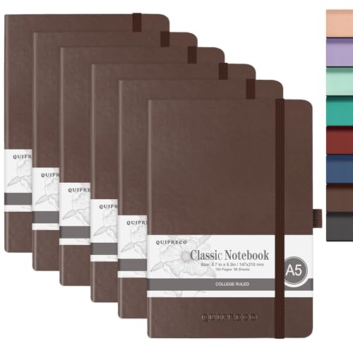 quipreco 6Pack Hardcover Lined Journal Notebook, A5 192 Pages 100Gsm Paper College ruled for School,Work,Travel,and Daily Planning，5.7''*8.3'',Brown