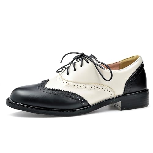 PIVAPAM Womens Oxfords Black and White Wingtip Chunky Heeled Patent Leather Vintage Brogue Lace Up Two Tone Saddle Shoes