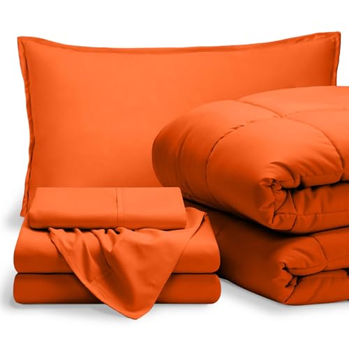 Bare Home Bed-in-A-Bag 5 Piece Comforter & Sheet Set - Twin XL - Goose Down Alternative - Ultra-Soft 1800 Premium Bed Set (Twin XL, Orange/Orange)