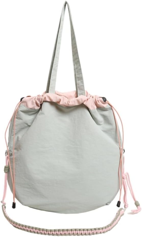 Solid Color Nylon Shoulder Drawstring Bag, Casual Large Capacity Water Resistant Drawstring Tote Bag