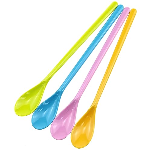 VAKTOK 4PCS Colorful Plastic Long Coffee Spoons Creative Spoons For Ice Cream Sundaes, Cocktails, Hot Chocolate Long Handle Mixing Spoons (Pink Yellow Blue Green)