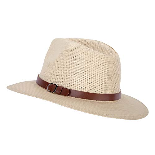 Men\'s Paper Braid Leatherette Buckle Trim Large Brim Fedora Hat - Beige L