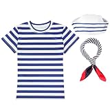 Maiteenly 3 Pcs Yacht Captain Sailor Costume Women Sailor Hat Scarf T-Shirt Outfit for Yacht Rock Captains Party(S) Blue, White
