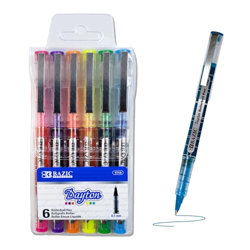 BAZIC 6 Color Dayton Rollerball Pen w/Metal Clip 0.7mm, Flowing Liquid Ink, Smooth Writing Rolling Ball Stick Pens, Assorted Colors, 1-Pack